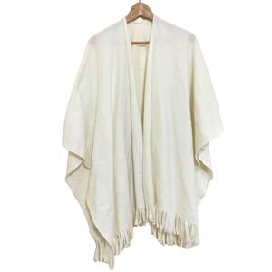 Fringe Hem Ivory White Fleece Open Front Blanket Wrap Shawl – S/M